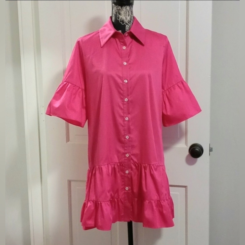 💞Kasia💞 - Pink Bell Sleeve Ruffle Hem Button Front Shirt Dress